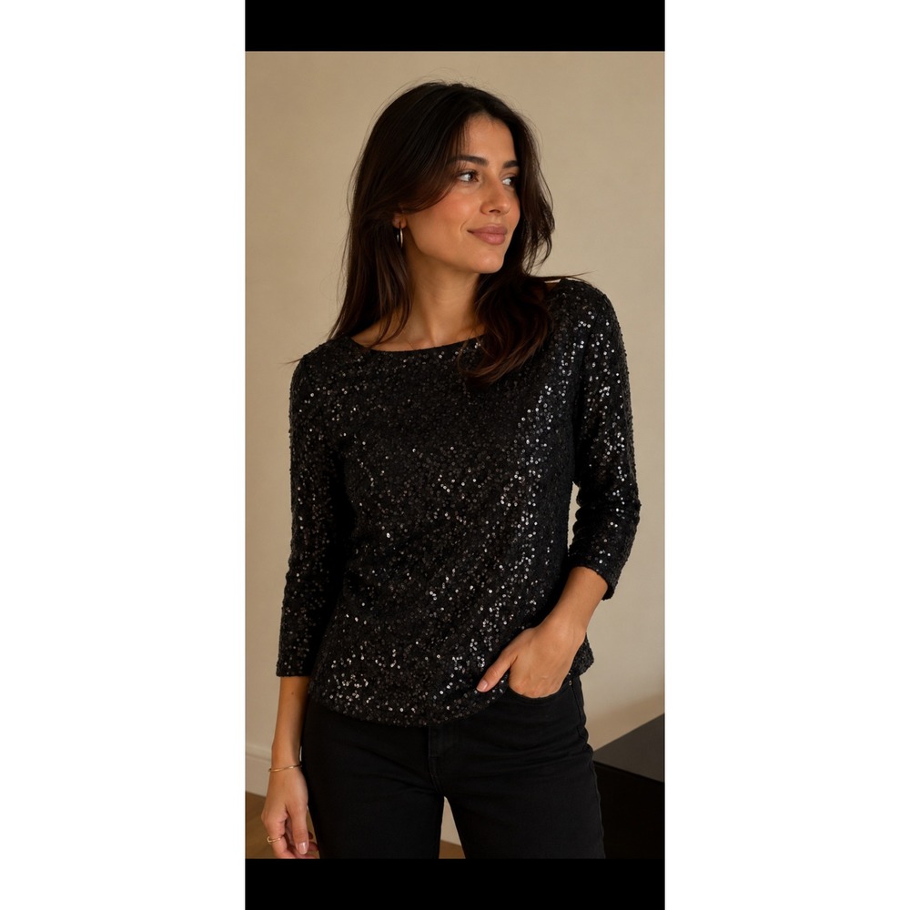 Calvin Klein Black Sequin Boat Neck Top 3/4 Sleeve Blouse Evening Party Wear